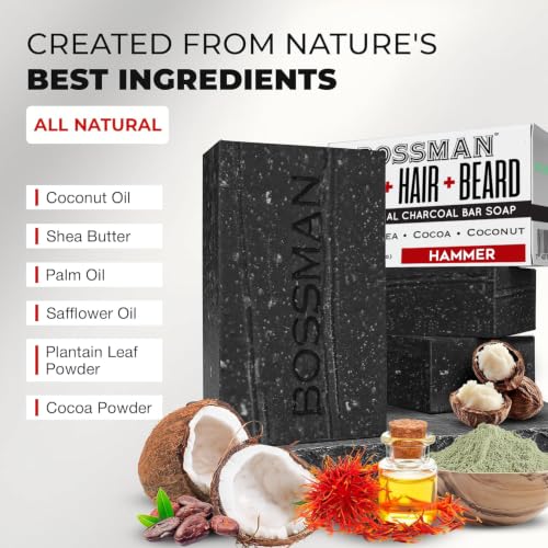 Bossman 4-in-1 Charcoal Bar Soap for Men - Hammer 3 Pack (4 oz Each) - Hydrating Beard Hair Skin