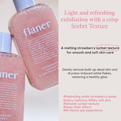 FLANER Snowberry Sorbet Glow Body Scrub ? Gentle Exfoliating Scrub, Brightening & Hydrating Formula with 9,800ppm of White Strawberry Water and Niacinamide, Korean Body Wash for Silky Soft Skin