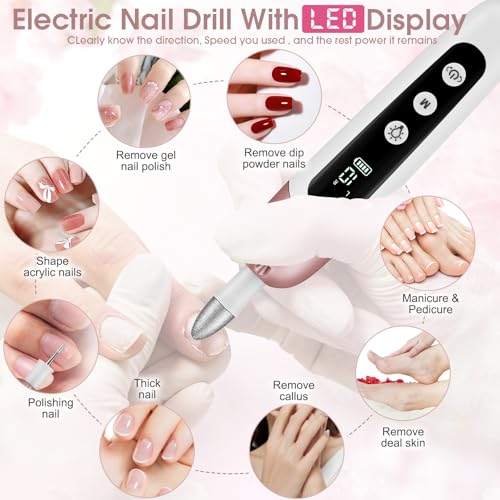 Electric Nail Drill Kit with 9 Bits - Pink Manicure Pedicure Set, Portable & Rechargeable