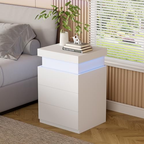 White Nightstand with Charging Station & RGB LED Lights - 17.72"W x 15.75"D x 26.57"H