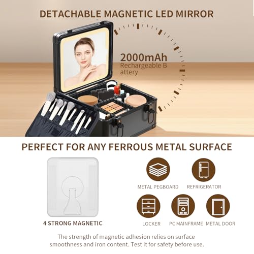 Travel Makeup Case with Lighted LED Mirror ? Waterproof Cosmetic Organizer with Adjustable Dividers, Portable Makeup Train Case for Women, Black
