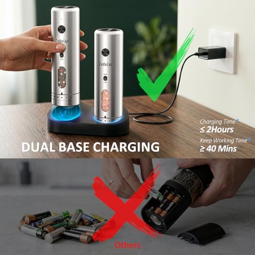 Rechargeable Salt and Pepper Grinder Set - Variable Speed Silver with 6-Level Visible Coarseness Adjustment