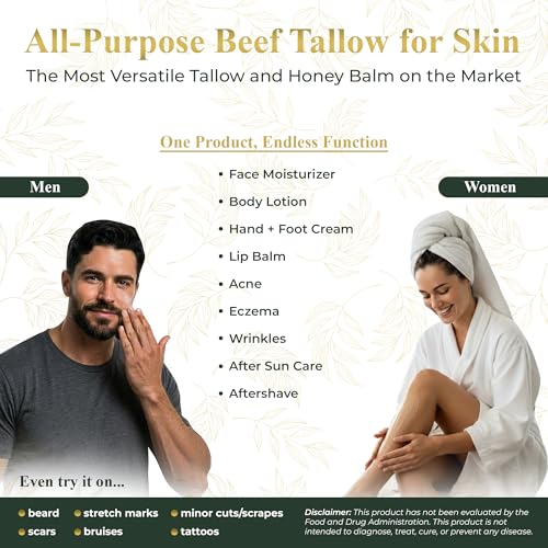 Unscented Whipped Tallow and Honey Balm - 3.25 Ounce Grass Fed Beef Skin Moisturizer
