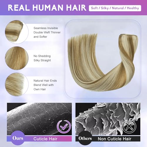 Clip in Hair Extensions Light Blonde Highlighted Golden Blonde 16 Inch 90g - Real Human Hair Remy Set
