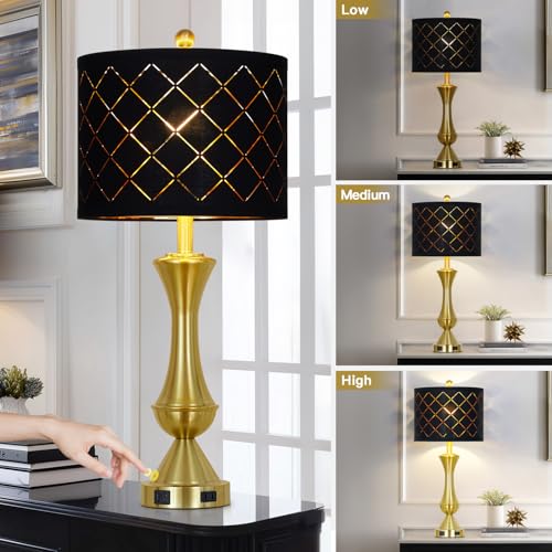 Luxeflow 29-Inch Gold Modern Touch Table Lamps Set of 2 - Dimmable Nightstand Lamps with USB-C + A Outlets, Brass Finish, 4 Variation