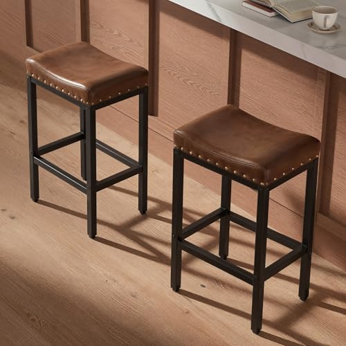 Brown 25.5-inch Counter Height Bar Stools Set of 2 with Nailhead Trim