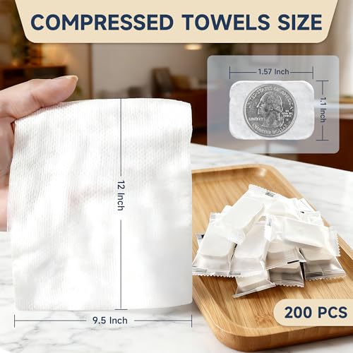 White 200 Pack Compressed Towels - Portable Disposable Face & Hand Towels