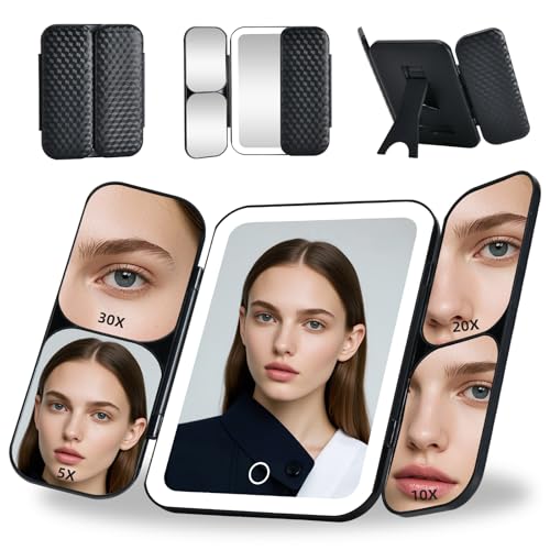 Junyaoxuan Black Tri-fold LED Vanity Mirror with 5X-30X Magnification, Touch Dimming Portable Makeup Mirror for Travel & Home