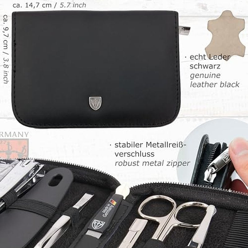 3 Swords Germany ? brand quality 10 piece manicure pedicure grooming kit set for nail care tweezers file clipper, Made by 3 Swords (BLACK - GENUINE LEATHER)