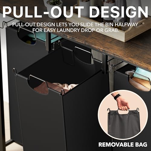 Laundry Sorter with Tabletop Shelf - 3-Section Steel Frame, Rustic Brown