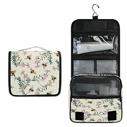 AUUXVA Travel Toiletry Bag Spring Bee Flower Floral Pattern Cosmetic Organizer Bag Hanging Makeup Bag with Zipper Pocket and Handle, Portable Wash Bag for Women Men Girls