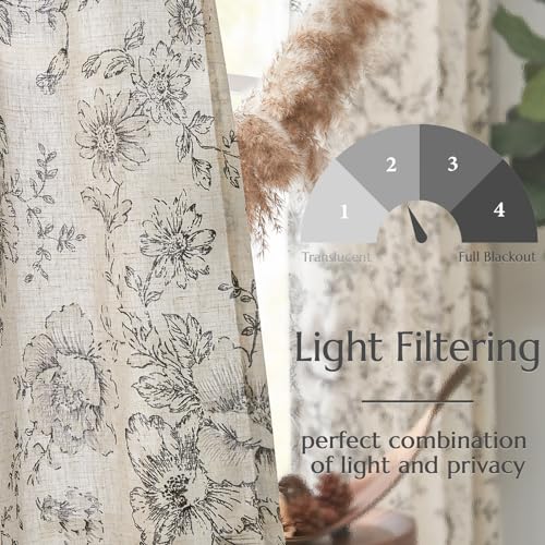 jinchan Black Floral Linen-Lined Curtains 50W x 108L, Pack of 2, Farmhouse Style