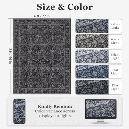 Jainmy Midnight 6x8 Vintage Area Rug for Living Room & Bedroom, Washable Non Slip Low Pile