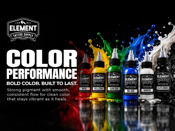 Element Tattoo Supply 6-Color Ink Set - 1oz Bottles, White Black Yellow Red Green Blue