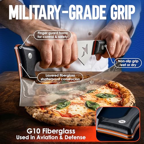 Gray 16-Inch Pizza Cutter Rocker Knife with Damascus Steel Blade & Leather Sheath