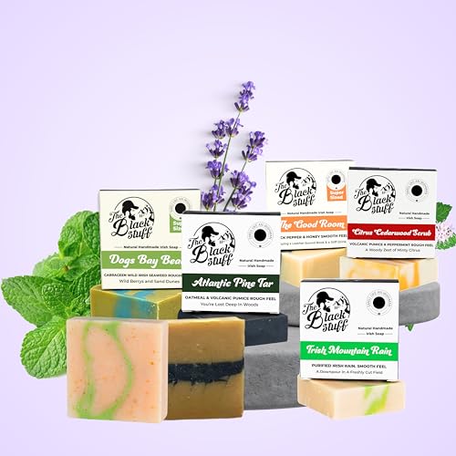 All Natural Bar Soap for Men Handmade Cold Process with Organic Ingredients and Essential Oils Mens Soap - Pine Tar, Citrus Cedarwood, Irish Mountain Rain, Good Room, Dogs Bay Beach Pack of 5