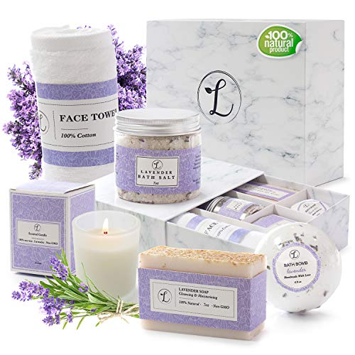 Spa Gift Set 100% Natural, Gift Box Includes: Bath Bomb, Bath Salt, Hand Soap, Scented Candle, Face Cloth and Gift Box. Best Gift for Her. (Lavender)