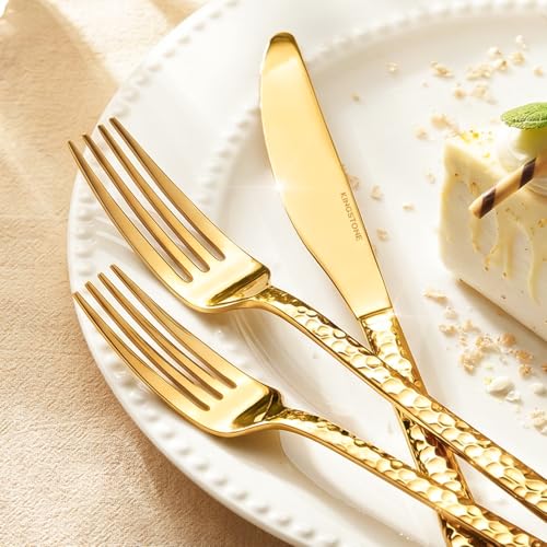 Gold Flatware Set for 8 - 40-Piece Hammered Stainless Steel Cutlery
