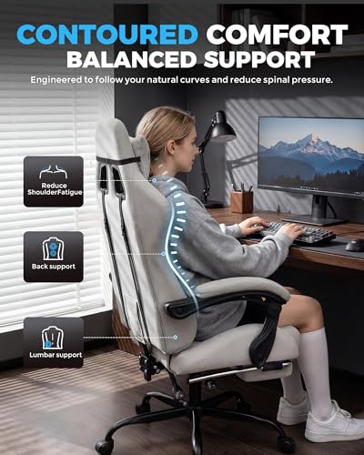 GTPLAYER Light Gray Fabric Gaming Chair with Pocket Spring Cushion, Ergonomic Office & Gaming Chair with Lumbar Support, Height Adjustable, Footrest & Linkage Armrests