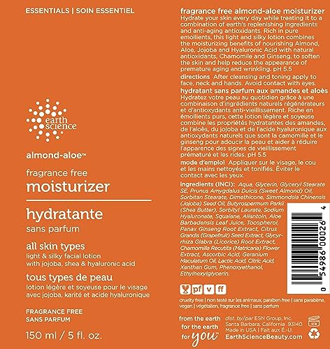 Earth Science Almond Aloe Fragrance Free Facial Moisturizer 150ML Pack of 2 - 5.07 Fl Oz
