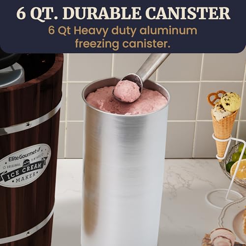 Elite Gourmet Walnut 6 Qt Old Fashioned Ice Cream Maker - Classic Design