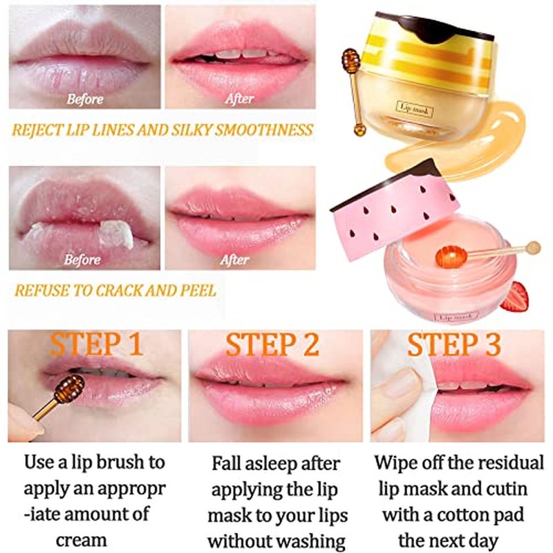 2 Pack Bee Lip Balm Honey Pot, Honey & Strawberry Lip Mask Propolis Lip Mask Moisturizing Hydrating Prevention Dry and Cracked Lip Scrubs Exfoliator (Honey+Strawberry)