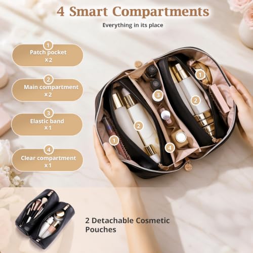 A01 Black 3-in-1 Large Travel Makeup Bag Organizer for Women - Detachable Pouches