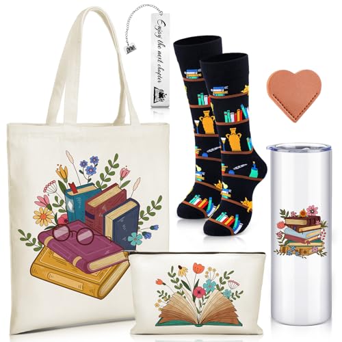 Qinyoung 6 Pcs Book Lover Gifts for Women Readers Canvas Bag Back to School Reusable Canvas Bag Tumbler Bookmark for Women Reading Librarian Bookworm Kitchen Library Club Bookish Gifts