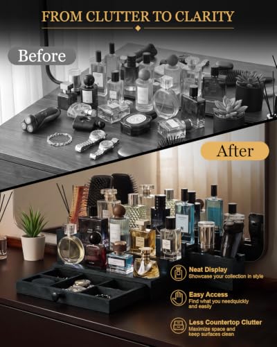 Men's 3-Tier Black Cologne Organizer Stand - Solid Pine Wood, Dual Drawers