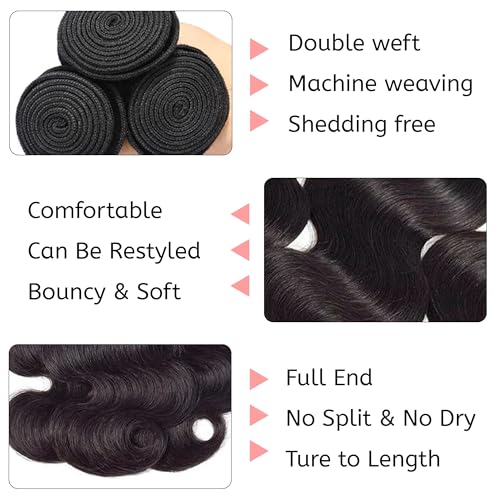 Human Hair Body Wave Bundles 22-26 Inch Virgin Brazilian Hair Extensions, 3 Pack
