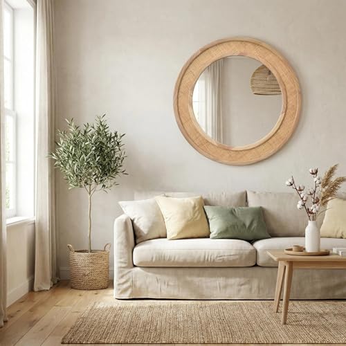 Nature 24 Inch Round Rattan Wall Mirror Farmhouse Wooden Vanity Mirror