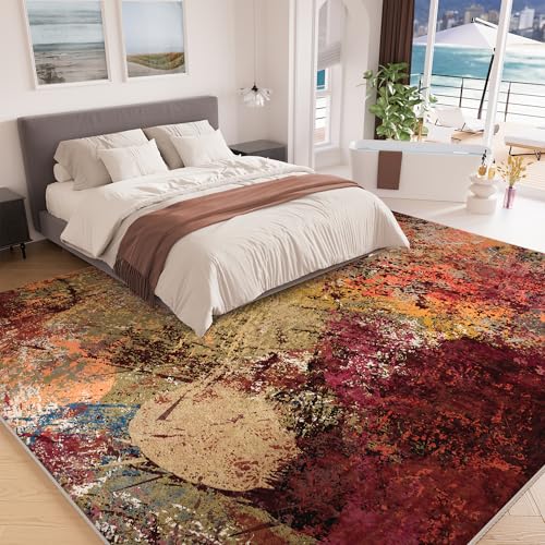 8x10 ft Modern Abstract Washable Area Rug - Non-Slip Backing, Short Pile, Red & Orange