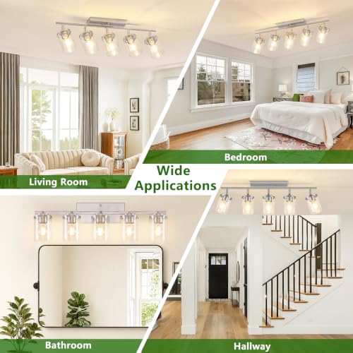 Brushed Nickel 5-Light Track Ceiling Light Fixture with Clear Glass Shades — Modern Adjustable Spotlight for Kitchen Living Room Hallway