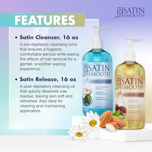 Satin Smooth Post Wax Oil & Pre Wax Cleanser Duo - 16 fl oz (Pack of 2) for Hair Removal Care