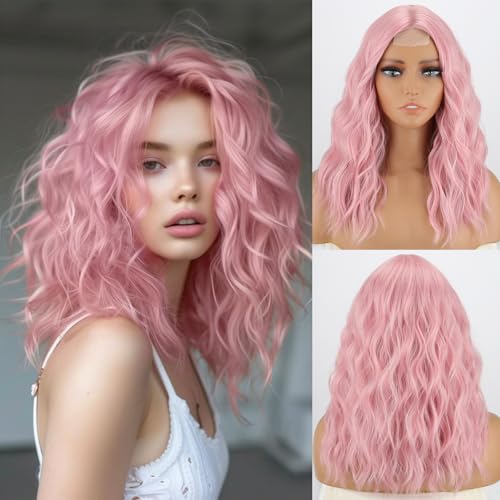 Pink Wavy Costume Wig for Women - 18-Inch Synthetic Hair, Halloween & Party Use - Pink