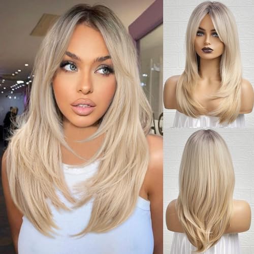 HAIRCUBE Ombre Blonde Shoulder Length Wigs with Bangs for Women - Ash Blonde Layered Synthetic Wig