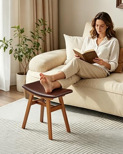 Walnut Vanity Stool with Extra-Long 19.7-Inch Seat - Solid Rubberwood Frame
