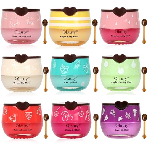 9 PCS Bee Lip Balm Honey Pot, Strawberry, Watermelon, Coconut, Aloe, Cherry, Grape & Peach Flavors, Honey Lip Balm Bulk, Moisturizing Lip Mask Overnight for Dry Cracked Lips, Reduce Lip Lines
