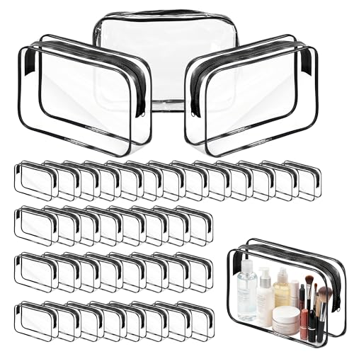 40 Pcs Clear Makeup Bags Bulk Travel Toiletry Bags 7.1x4.7'' Transparent Cosmetic Pouches with Zipper Waterproof Portable PVC Plastic Zippered Organizer Cases for Women Men Vacation Travel Bathroom