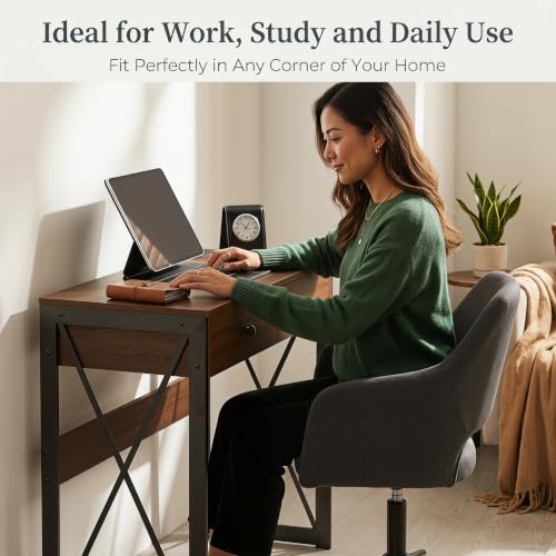 Small Rustic Brown Computer Desk with Power Outlets & USB Ports - 31.5 Inch Workspace