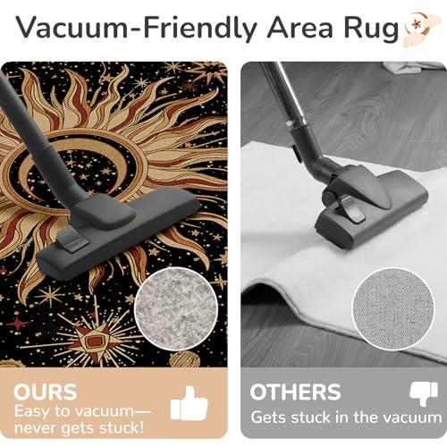 6x9 Black Gold Beige Red Washable Area Rug - Sun Moon Pattern, Vacuum-Friendly