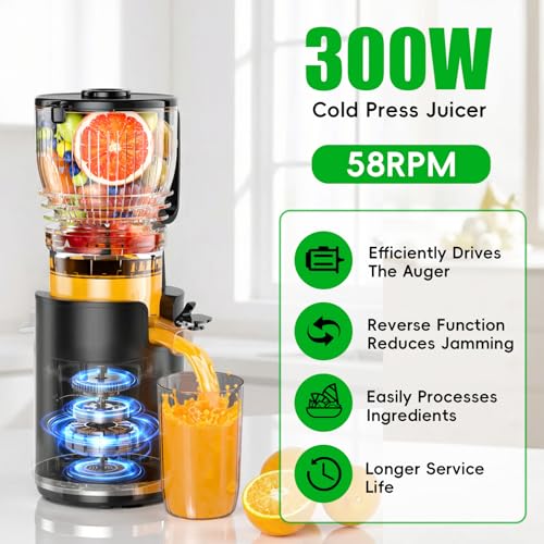Cold Press Juicer Machine with 5.8-inch Wide Feed Chute 300W for Whole Fruits & Vegetables