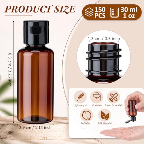 Mimorou 150 Pack 30ml Travel Bottles Bulk with Black Caps & Brown Bottles