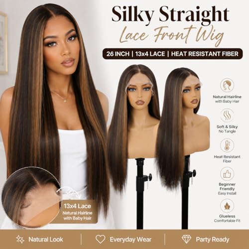 Women’s 26-Inch Straight Lace Front Wig - Black Mix Brown Variant