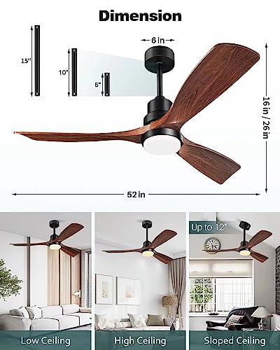 Forrovenco 52 Inch Black Walnut Ceiling Fan with Light & Remote Modern Indoor Outdoor