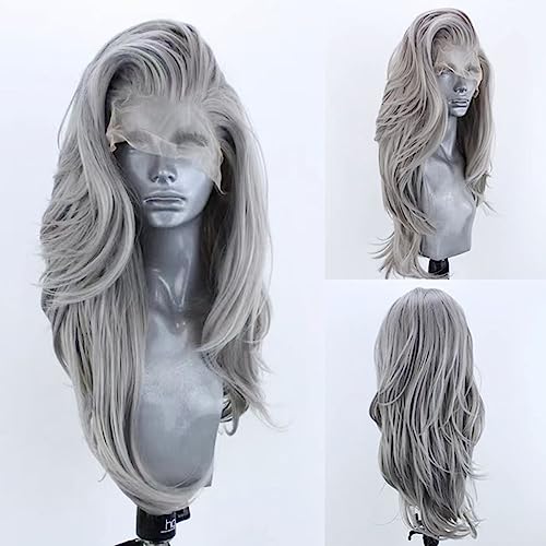 Silver Grey Lace Front Wigs for Women Long Natural Wave Heat-Resistant Synthetic Hair - COCOFANS Variation: Silver Grey_SW