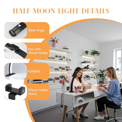 Large Foldable Half Moon LED Light for Nail Desk with Phone Stand & Wire Controller