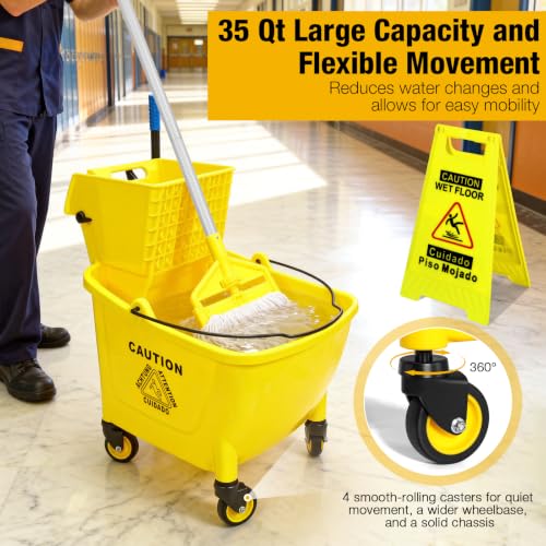 35 Qt Commercial Mop Bucket with Side Press Wringer - Yellow, Wheels