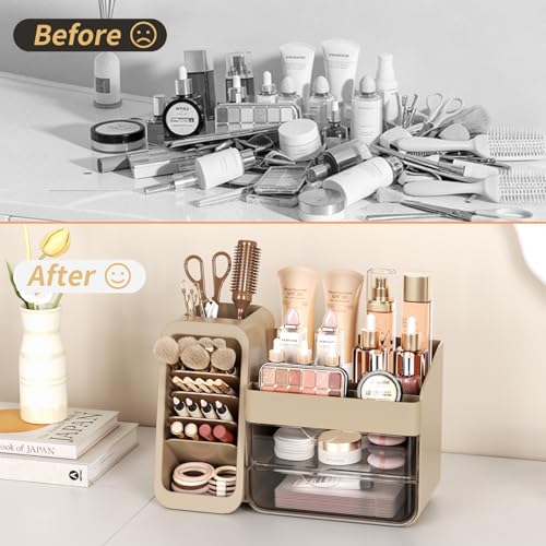 Jywantful Light Mocha Brown Makeup Organizer with Adjustable Brush Holders & Clear Drawers