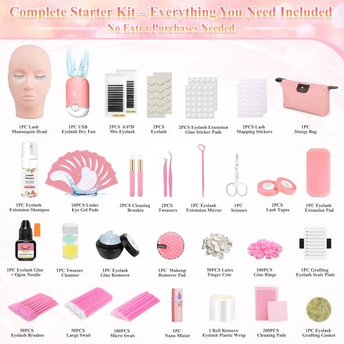 Pink Lash Extension Kit for Beginners with Mannequin Head & Accessories - Tetutor